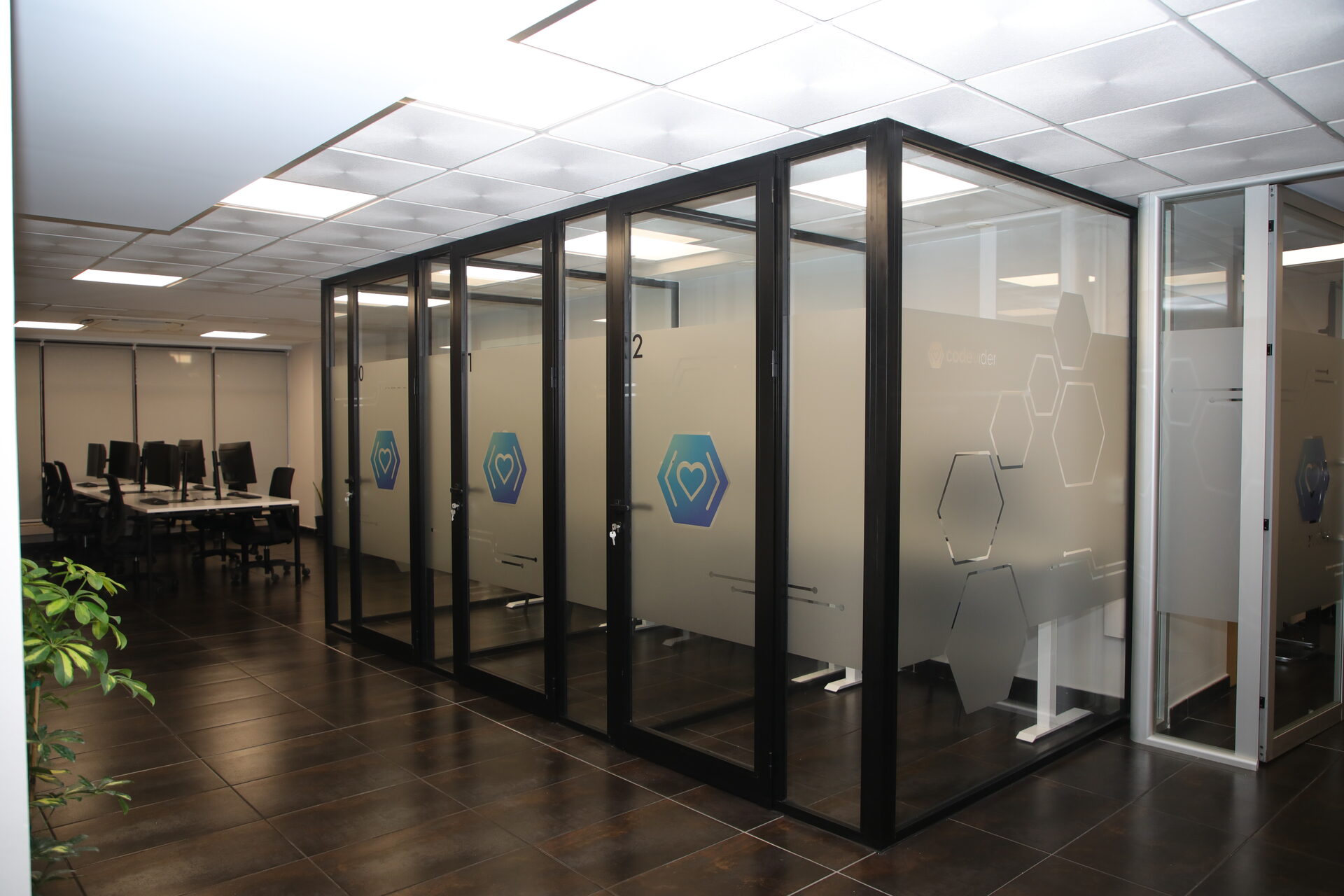 Private glass booths and open workspace at the Codevider office